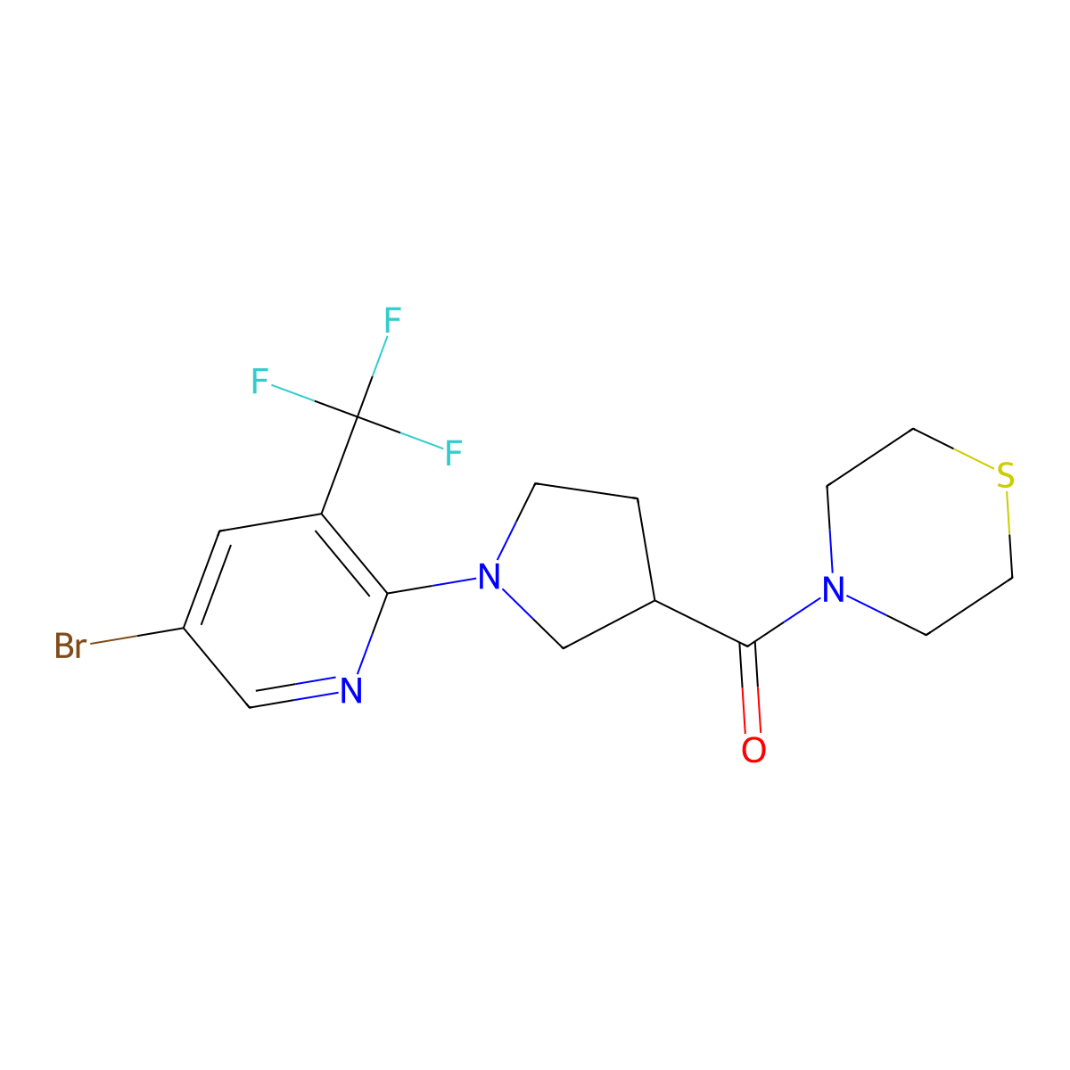 4-{1-[5-Bromo-3-(trifluoromethyl)pyridin-2-yl]pyrrolidine-3-carbonyl}thiomorpholine molecular structure, CAS 2877658-26-7