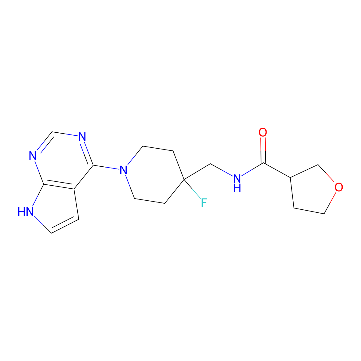 N-[(4-fluoro-1-{7H-pyrrolo[2,3-d]pyrimidin-4-yl}piperidin-4-yl)methyl]oxolane-3-carboxamide molecular structure, CAS 2877658-27-8