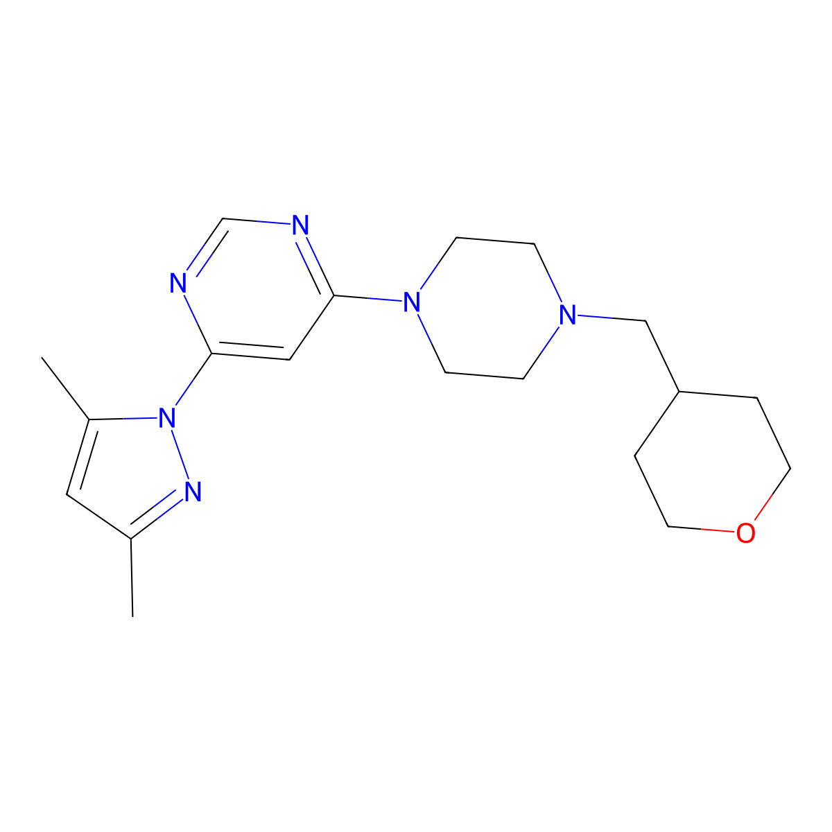 4-(3,5-dimethyl-1H-pyrazol-1-yl)-6-{4-[(oxan-4-yl)methyl]piperazin-1-yl}pyrimidine molecular structure, CAS 2877658-31-4