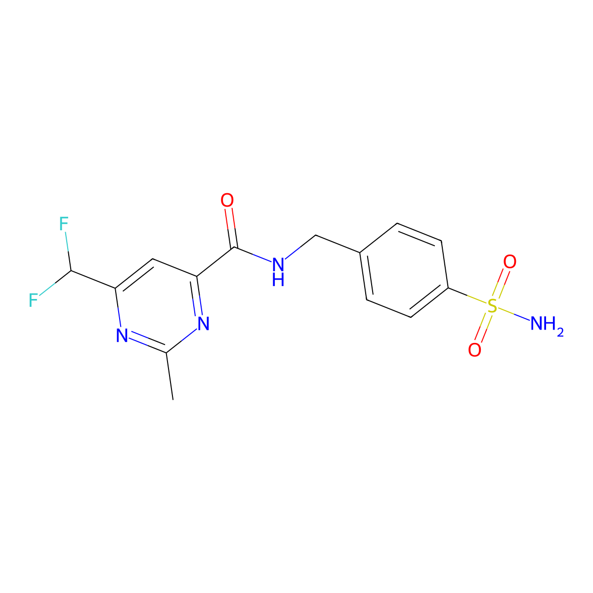 6-(difluoromethyl)-2-methyl-N-[(4-sulfamoylphenyl)methyl]pyrimidine-4-carboxamide molecular structure, CAS 2877658-36-9