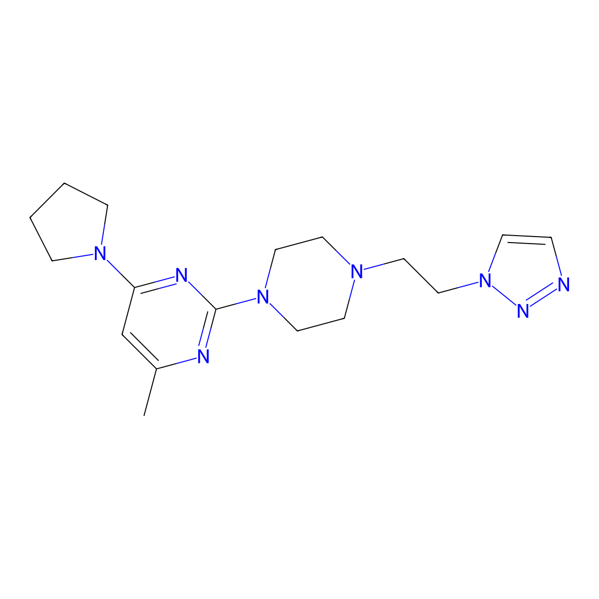 4-methyl-6-(pyrrolidin-1-yl)-2-{4-[2-(1H-1,2,3-triazol-1-yl)ethyl]piperazin-1-yl}pyrimidine molecular structure, CAS 2877658-37-0