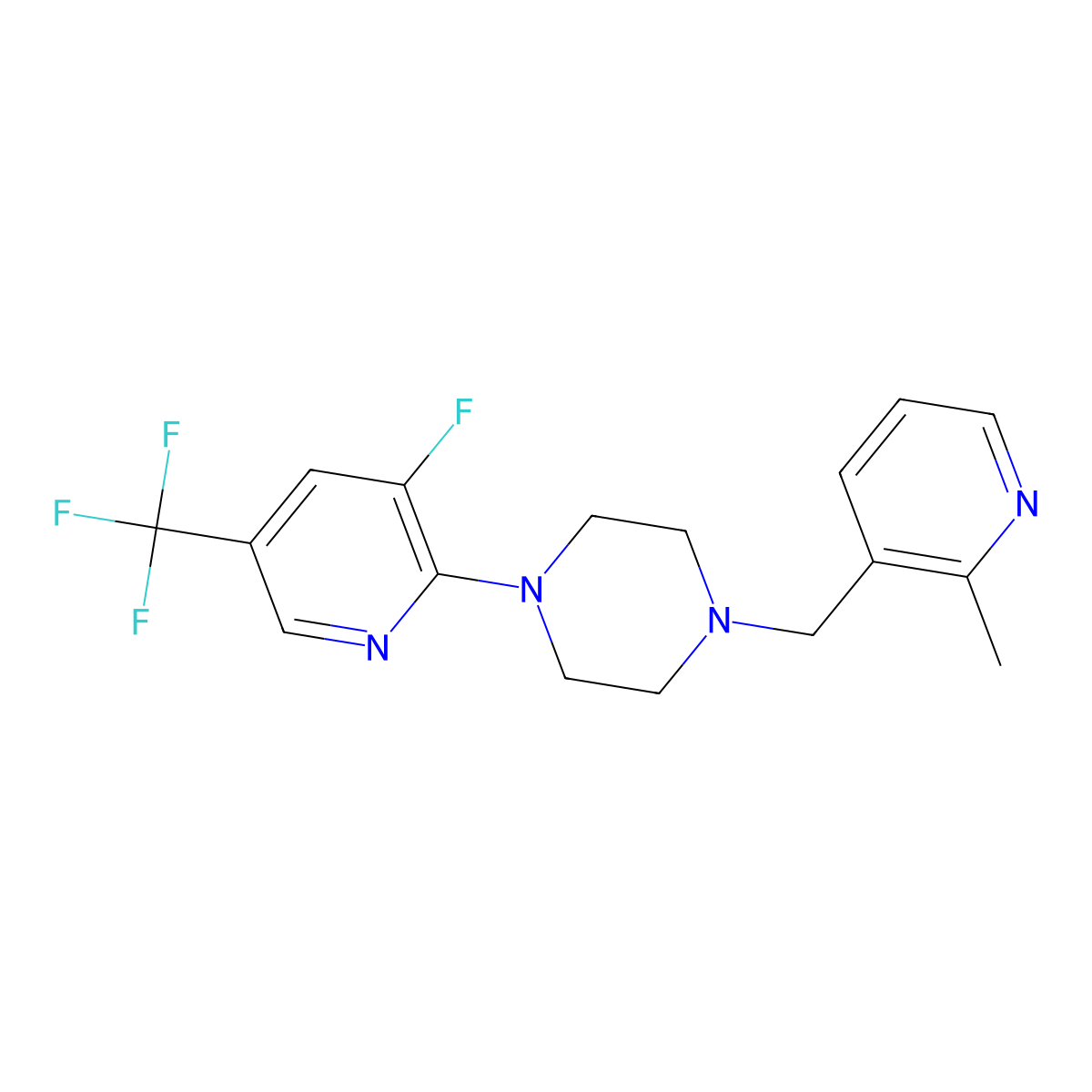 1-[3-Fluoro-5-(trifluoromethyl)pyridin-2-yl]-4-[(2-methylpyridin-3-yl)methyl]piperazine molecular structure, CAS 2877658-39-2