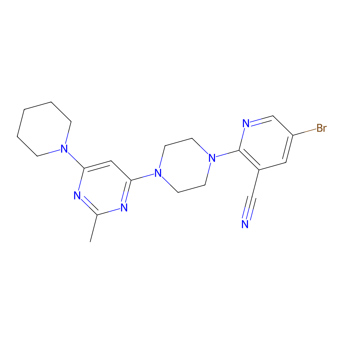 5-Bromo-2-{4-[2-methyl-6-(piperidin-1-yl)pyrimidin-4-yl]piperazin-1-yl}pyridine-3-carbonitrile molecular structure, CAS 2877658-43-8