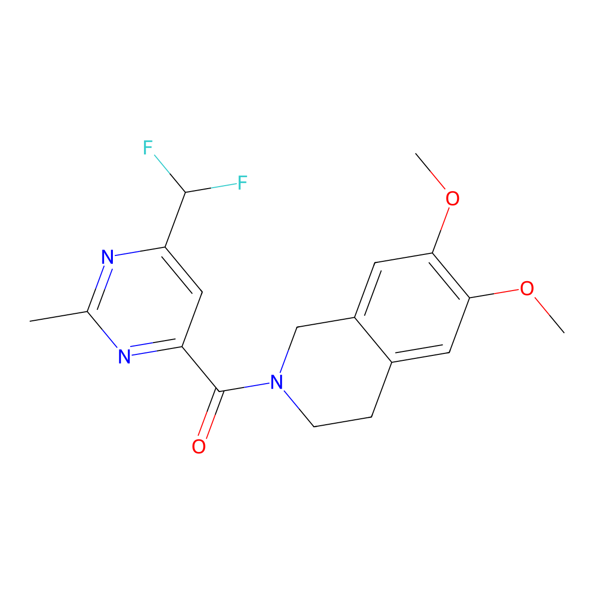 2-[6-(Difluoromethyl)-2-methylpyrimidine-4-carbonyl]-6,7-dimethoxy-1,2,3,4-tetrahydroisoquinoline molecular structure, CAS 2877658-44-9