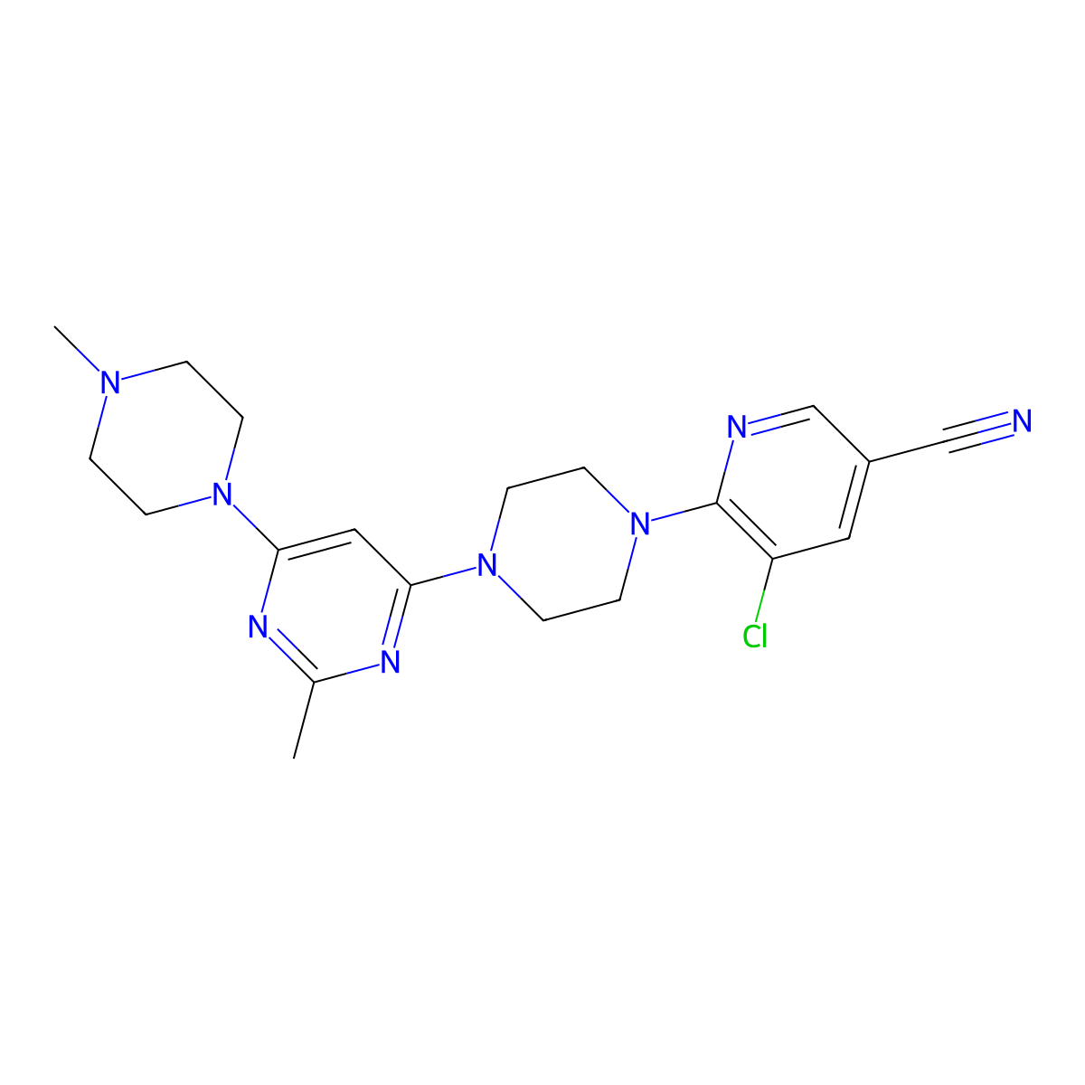 5-Chloro-6-{4-[2-methyl-6-(4-methylpiperazin-1-yl)pyrimidin-4-yl]piperazin-1-yl}pyridine-3-carbonitrile molecular structure, CAS 2877658-60-9