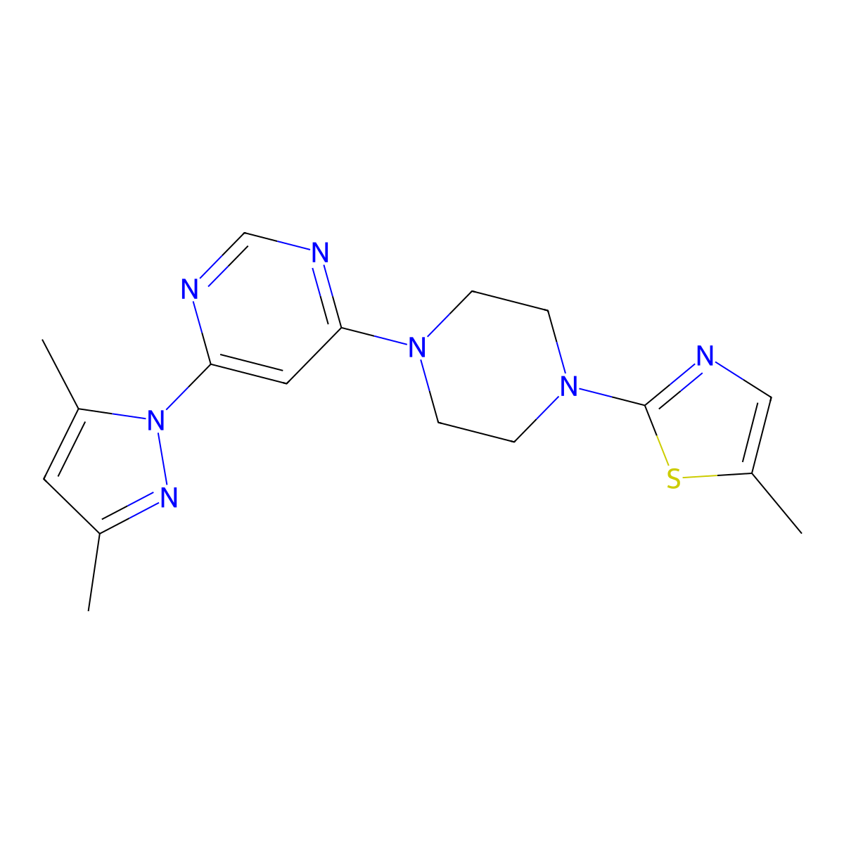 4-(3,5-dimethyl-1H-pyrazol-1-yl)-6-[4-(5-methyl-1,3-thiazol-2-yl)piperazin-1-yl]pyrimidine molecular structure, CAS 2877658-67-6
