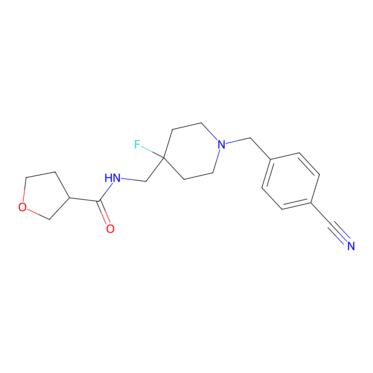 N-({1-[(4-cyanophenyl)methyl]-4-fluoropiperidin-4-yl}methyl)oxolane-3-carboxamide molecular structure, CAS 2877658-73-4