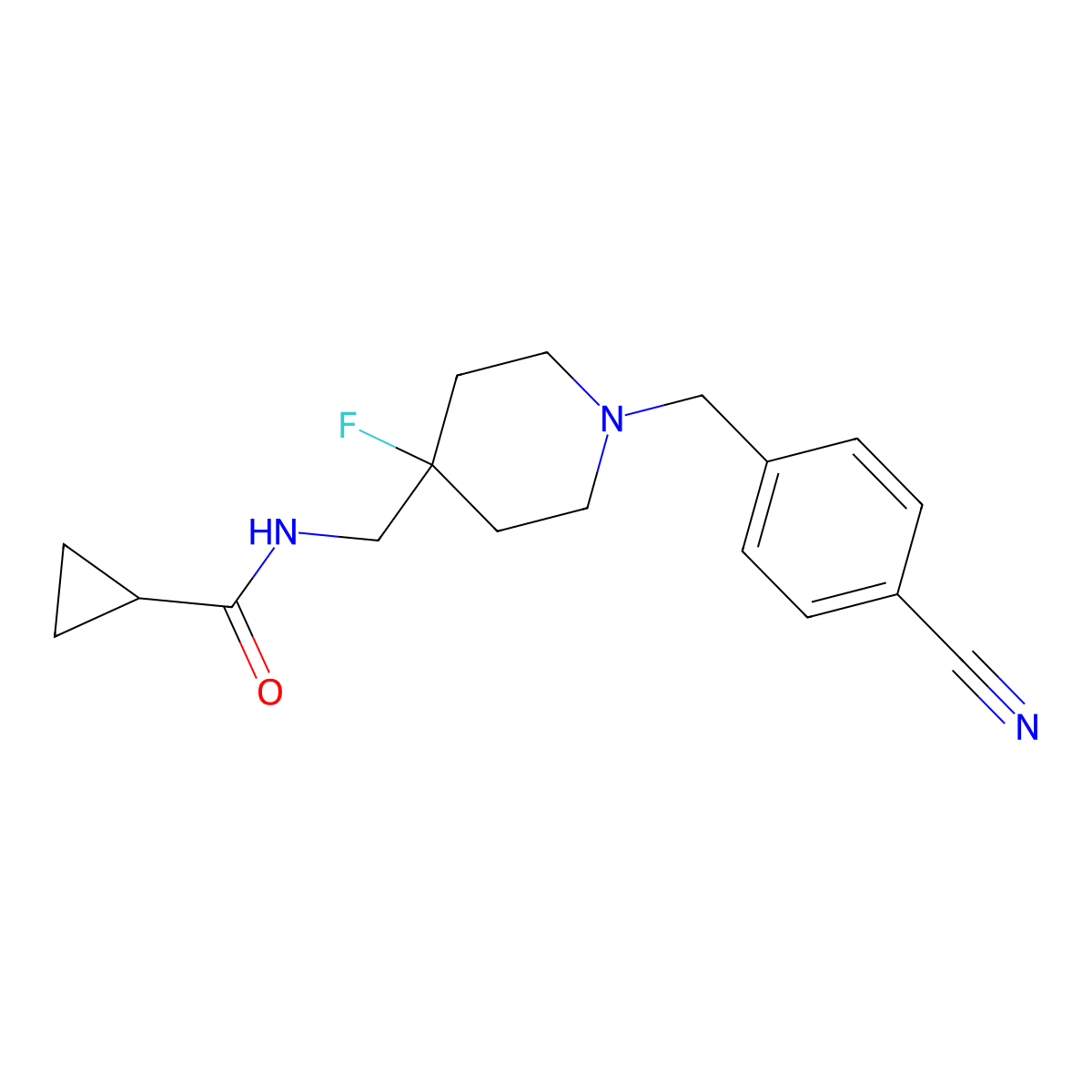 N-({1-[(4-cyanophenyl)methyl]-4-fluoropiperidin-4-yl}methyl)cyclopropanecarboxamide molecular structure, CAS 2877658-81-4