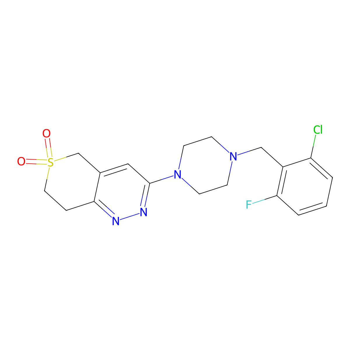 3-[4-[(2-chloro-6-fluorophenyl)methyl]piperazin-1-yl]-7,8-dihydro-5H-thiopyrano[4,3-c]pyridazine 6,6-dioxide molecular structure, CAS 2877658-91-6
