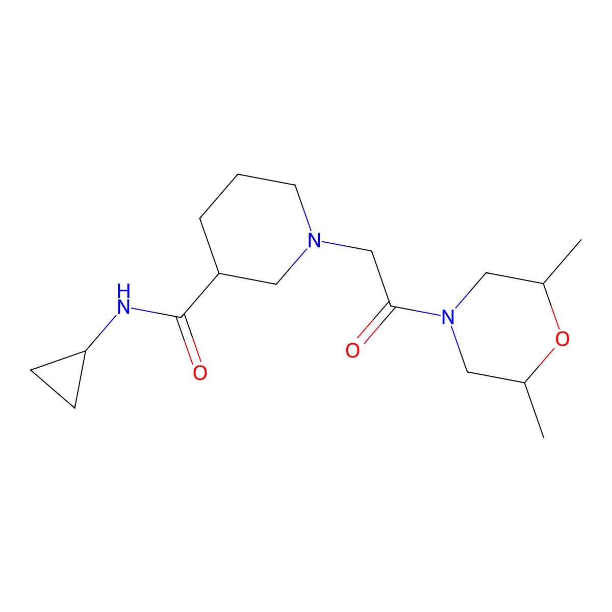 N-cyclopropyl-1-[2-(2,6-dimethylmorpholin-4-yl)-2-oxoethyl]piperidine-3-carboxamide molecular structure, CAS 2877659-00-0