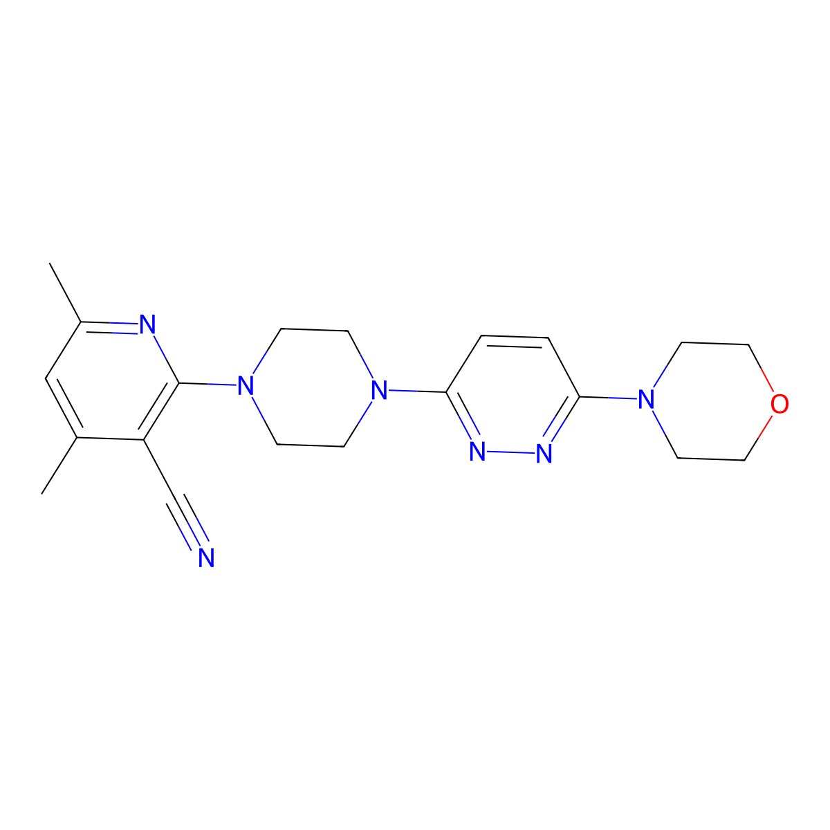 4,6-Dimethyl-2-{4-[6-(morpholin-4-yl)pyridazin-3-yl]piperazin-1-yl}pyridine-3-carbonitrile molecular structure, CAS 2877659-06-6