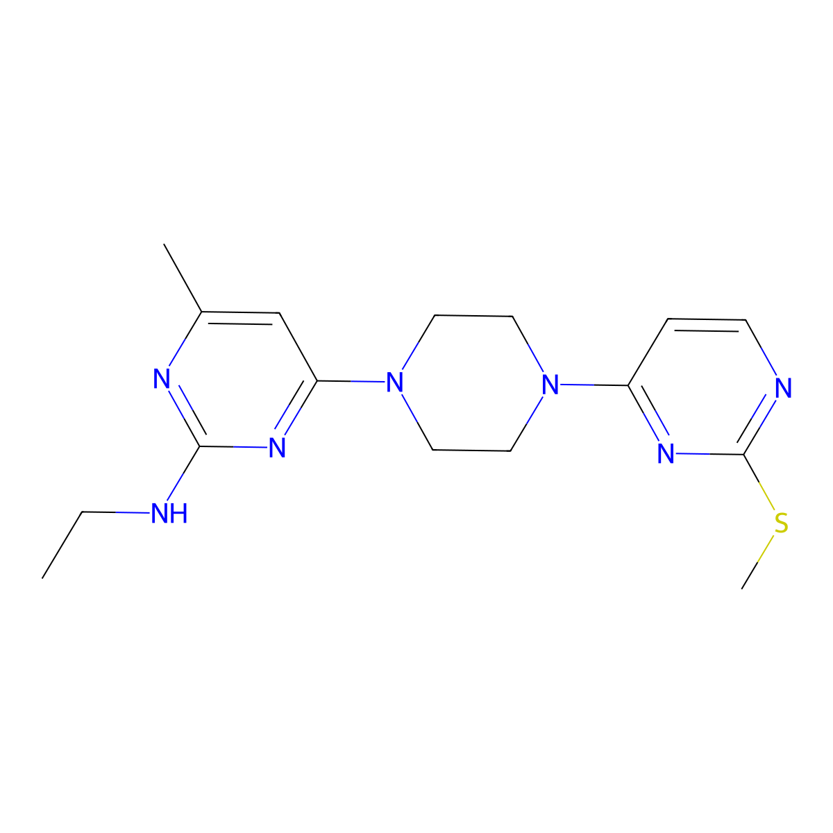 N-ethyl-4-methyl-6-{4-[2-(methylsulfanyl)pyrimidin-4-yl]piperazin-1-yl}pyrimidin-2-amine molecular structure, CAS 2877659-08-8