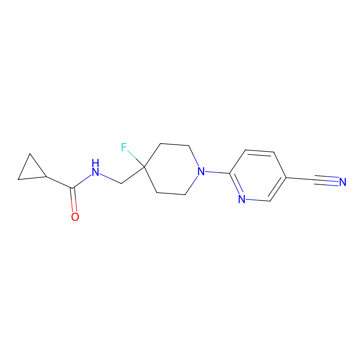 N-{[1-(5-cyanopyridin-2-yl)-4-fluoropiperidin-4-yl]methyl}cyclopropanecarboxamide molecular structure, CAS 2877659-14-6