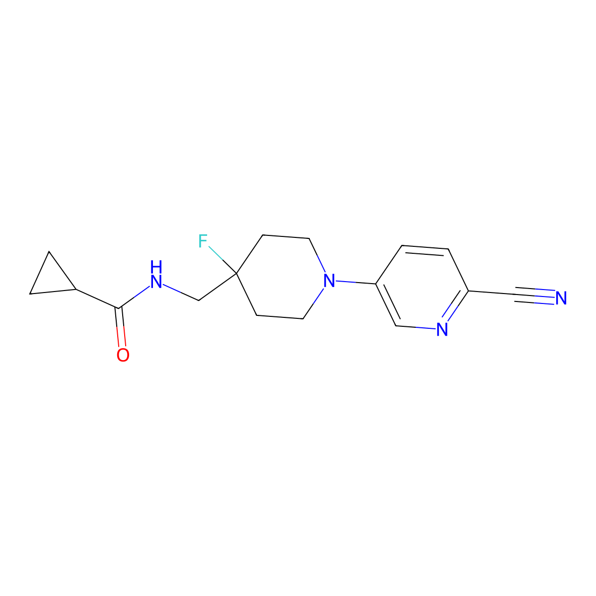 N-{[1-(6-cyanopyridin-3-yl)-4-fluoropiperidin-4-yl]methyl}cyclopropanecarboxamide molecular structure, CAS 2877659-20-4