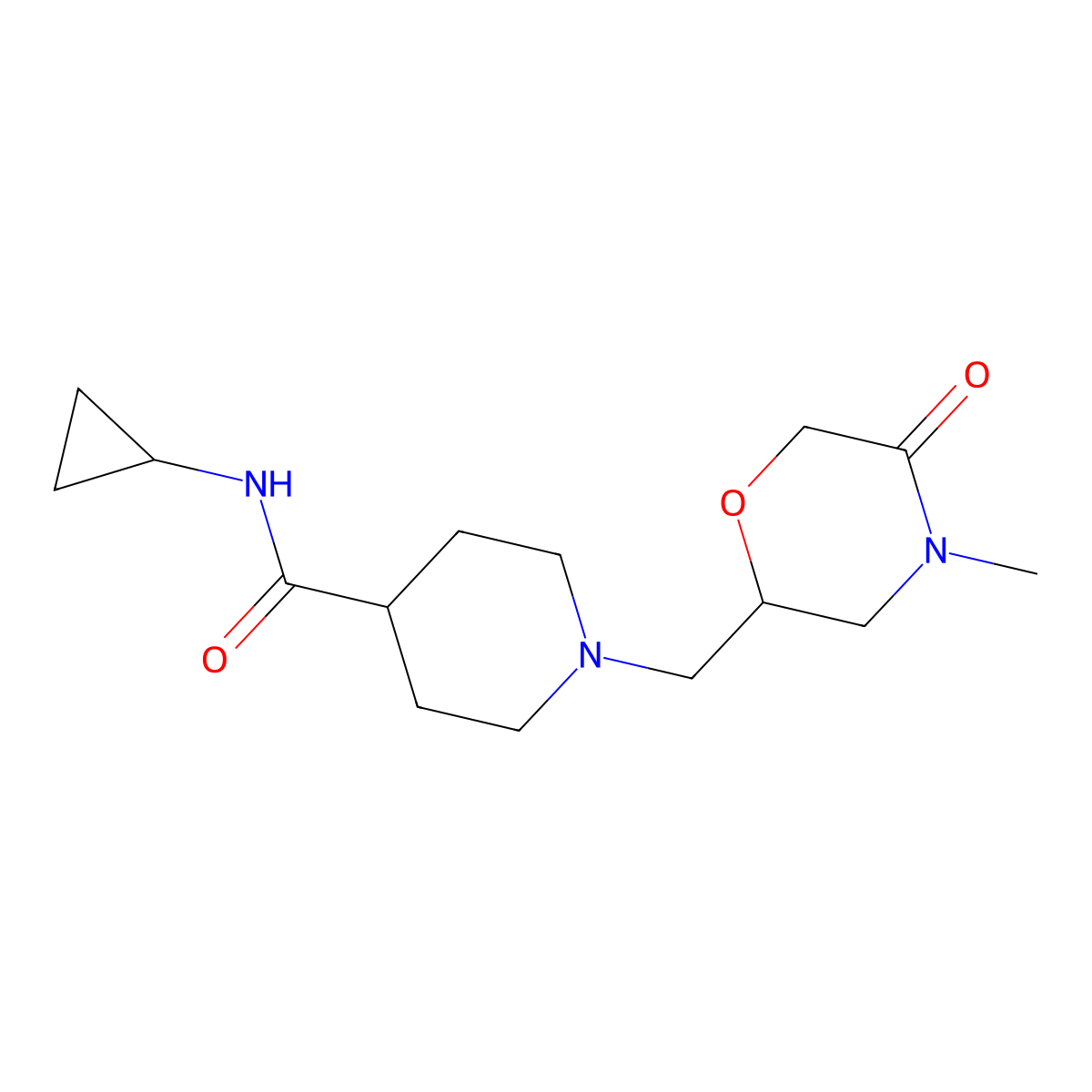 N-cyclopropyl-1-[(4-methyl-5-oxomorpholin-2-yl)methyl]piperidine-4-carboxamide molecular structure, CAS 2877659-25-9