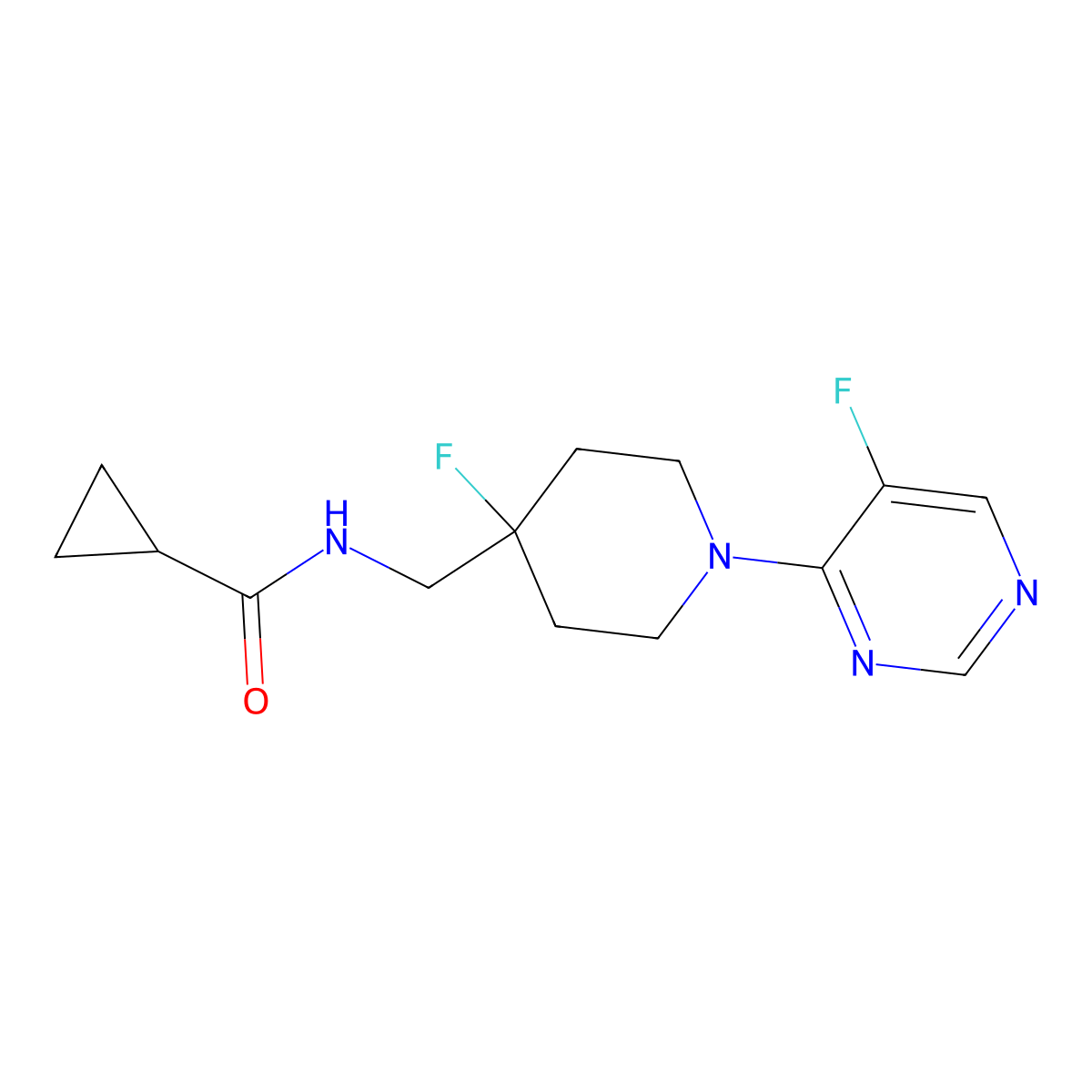 N-{[4-fluoro-1-(5-fluoropyrimidin-4-yl)piperidin-4-yl]methyl}cyclopropanecarboxamide molecular structure, CAS 2877659-41-9