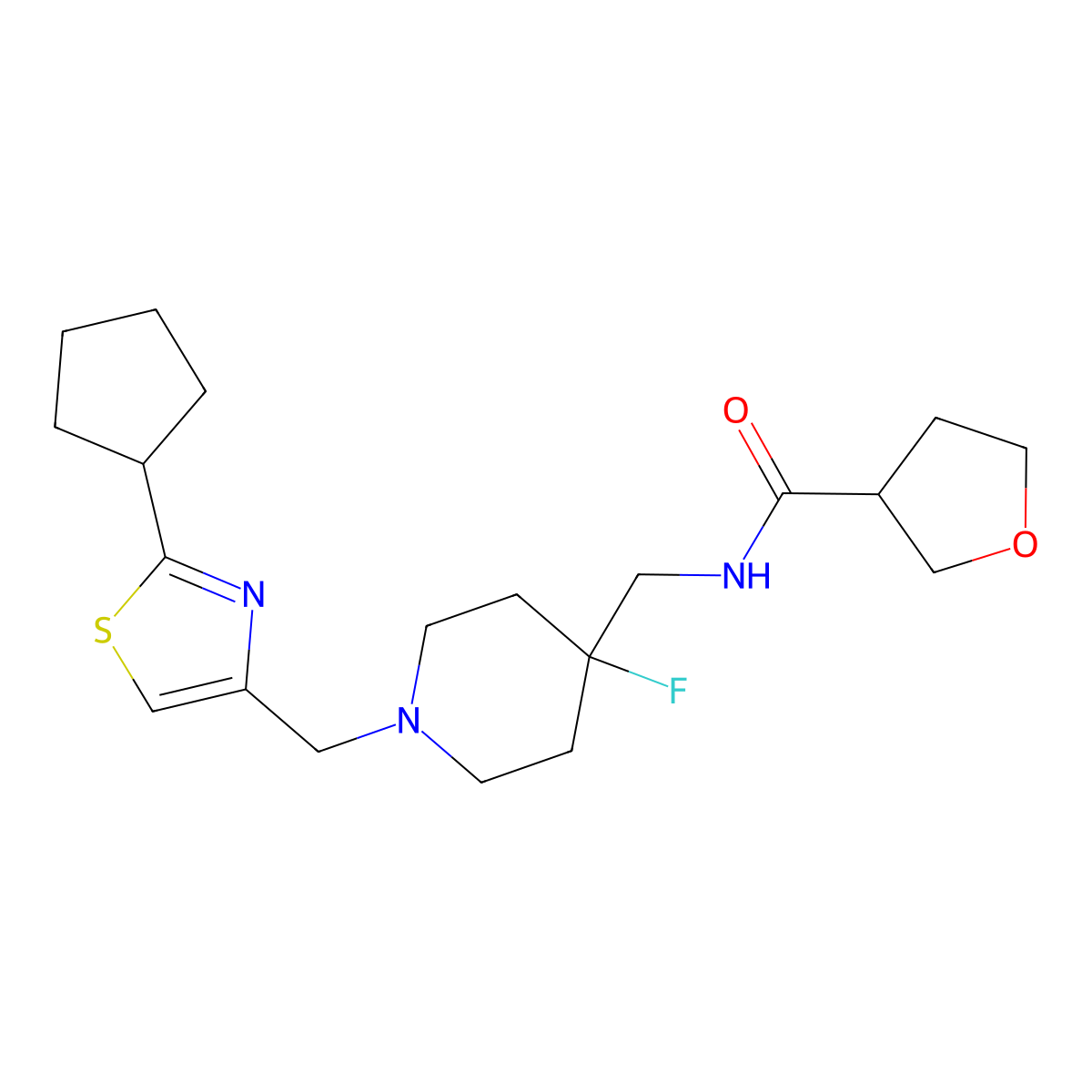 N-({1-[(2-cyclopentyl-1,3-thiazol-4-yl)methyl]-4-fluoropiperidin-4-yl}methyl)oxolane-3-carboxamide molecular structure, CAS 2877659-53-3