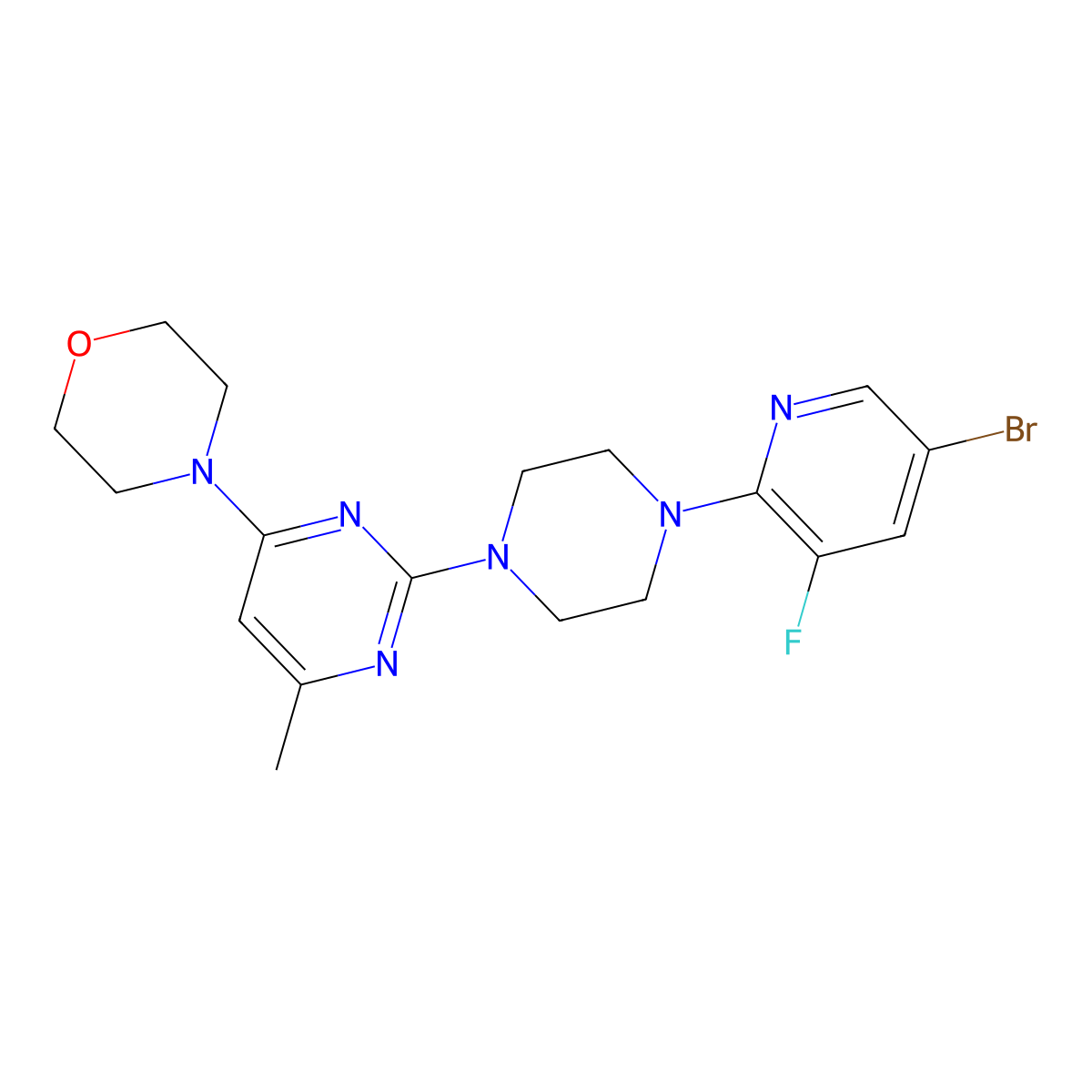 4-{2-[4-(5-Bromo-3-fluoropyridin-2-yl)piperazin-1-yl]-6-methylpyrimidin-4-yl}morpholine molecular structure, CAS 2877659-60-2