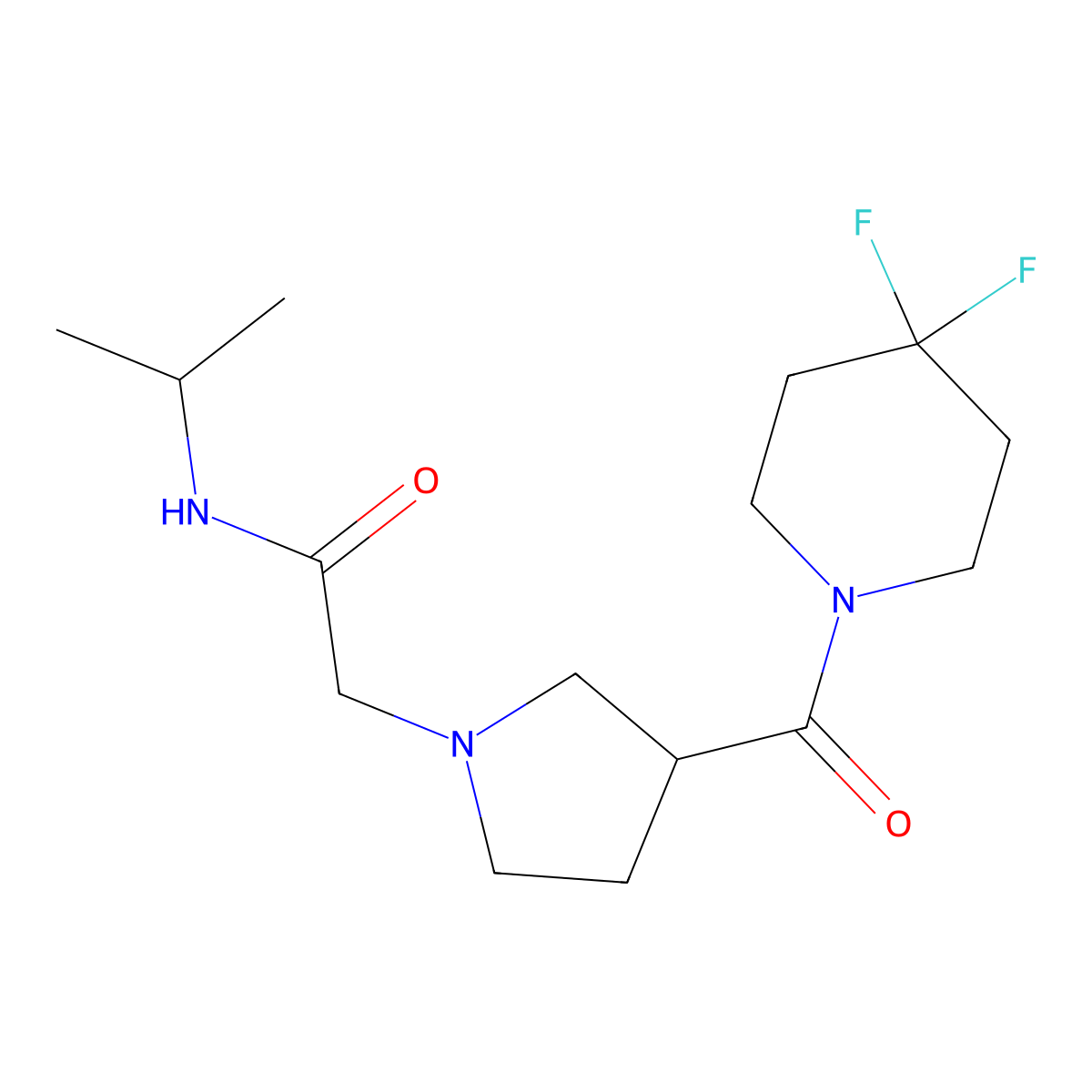 2-[3-(4,4-difluoropiperidine-1-carbonyl)pyrrolidin-1-yl]-N-(propan-2-yl)acetamide molecular structure, CAS 2877659-77-1
