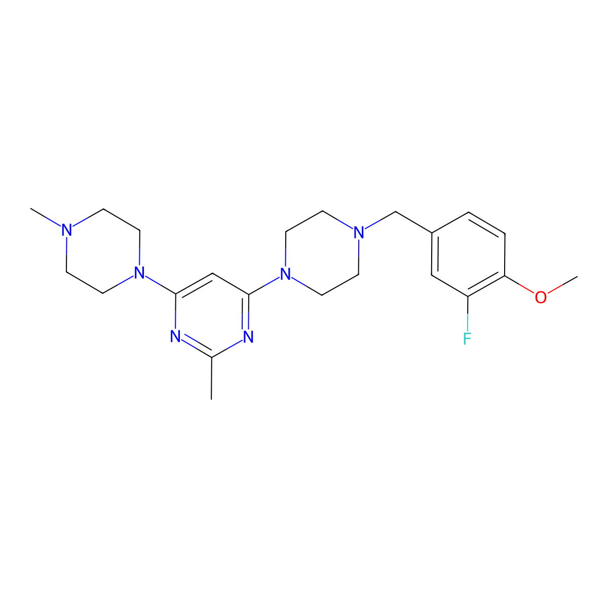 4-{4-[(3-Fluoro-4-methoxyphenyl)methyl]piperazin-1-yl}-2-methyl-6-(4-methylpiperazin-1-yl)pyrimidine molecular structure, CAS 2877659-81-7
