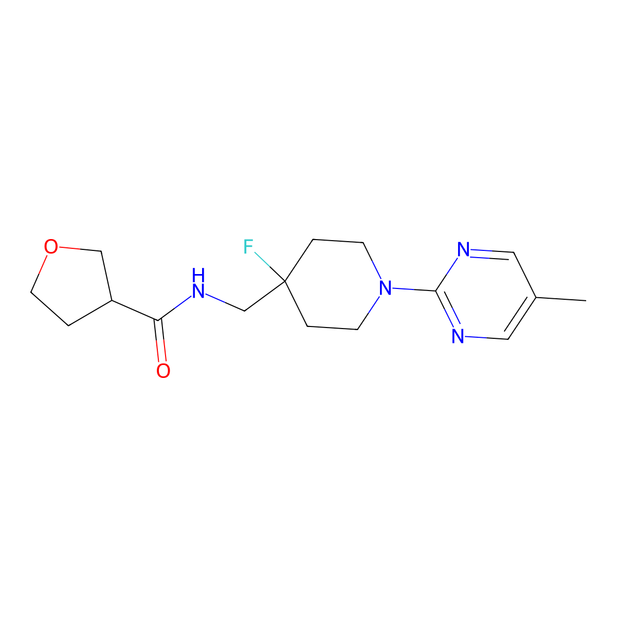 N-{[4-fluoro-1-(5-methylpyrimidin-2-yl)piperidin-4-yl]methyl}oxolane-3-carboxamide molecular structure, CAS 2877659-82-8
