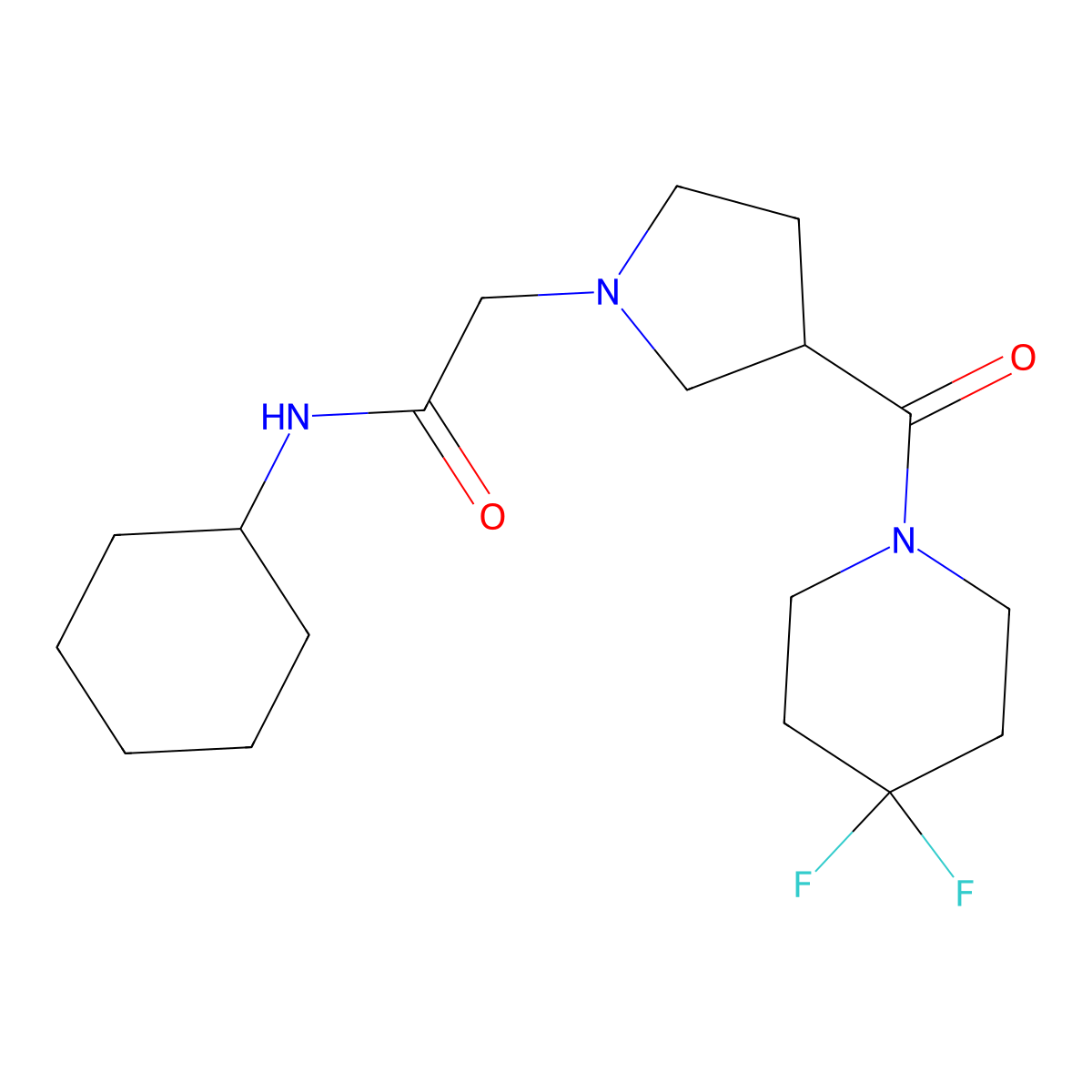 N-cyclohexyl-2-[3-(4,4-difluoropiperidine-1-carbonyl)pyrrolidin-1-yl]acetamide molecular structure, CAS 2877659-86-2