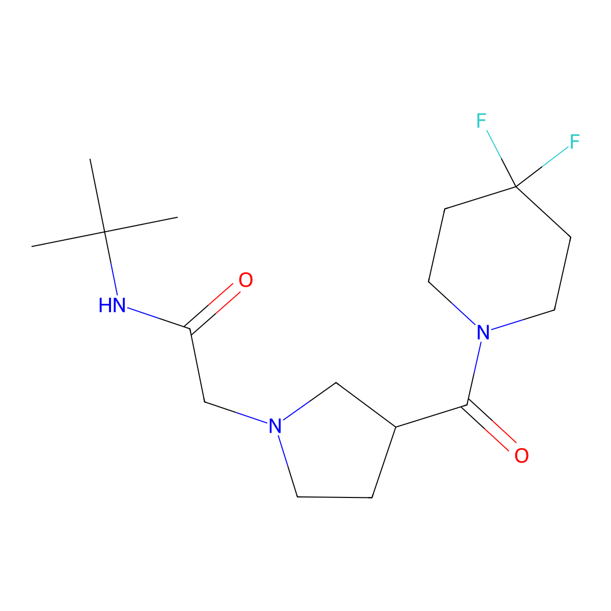N-tert-butyl-2-[3-(4,4-difluoropiperidine-1-carbonyl)pyrrolidin-1-yl]acetamide molecular structure, CAS 2877659-87-3