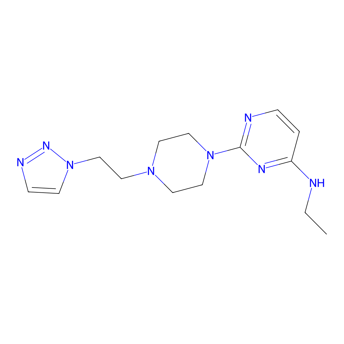 N-ethyl-2-{4-[2-(1H-1,2,3-triazol-1-yl)ethyl]piperazin-1-yl}pyrimidin-4-amine molecular structure, CAS 2877659-96-4