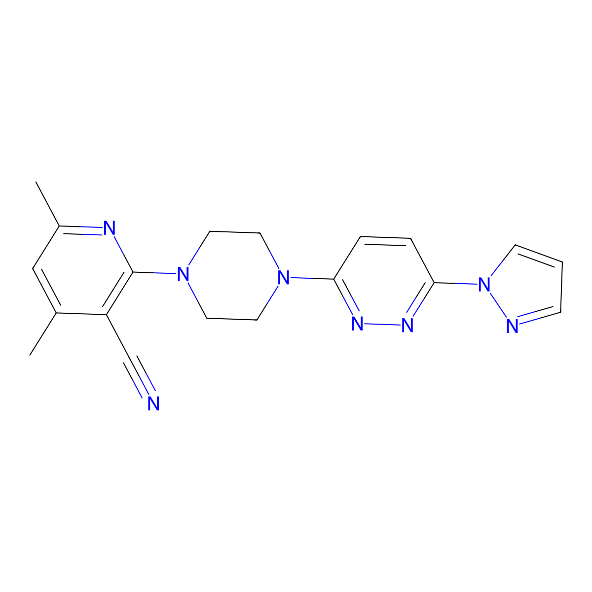 4,6-dimethyl-2-{4-[6-(1H-pyrazol-1-yl)pyridazin-3-yl]piperazin-1-yl}pyridine-3-carbonitrile molecular structure, CAS 2877660-03-0
