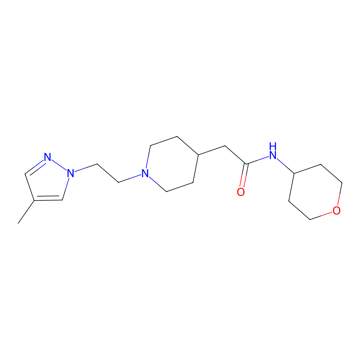 2-{1-[2-(4-methyl-1H-pyrazol-1-yl)ethyl]piperidin-4-yl}-N-(oxan-4-yl)acetamide molecular structure, CAS 2877660-07-4