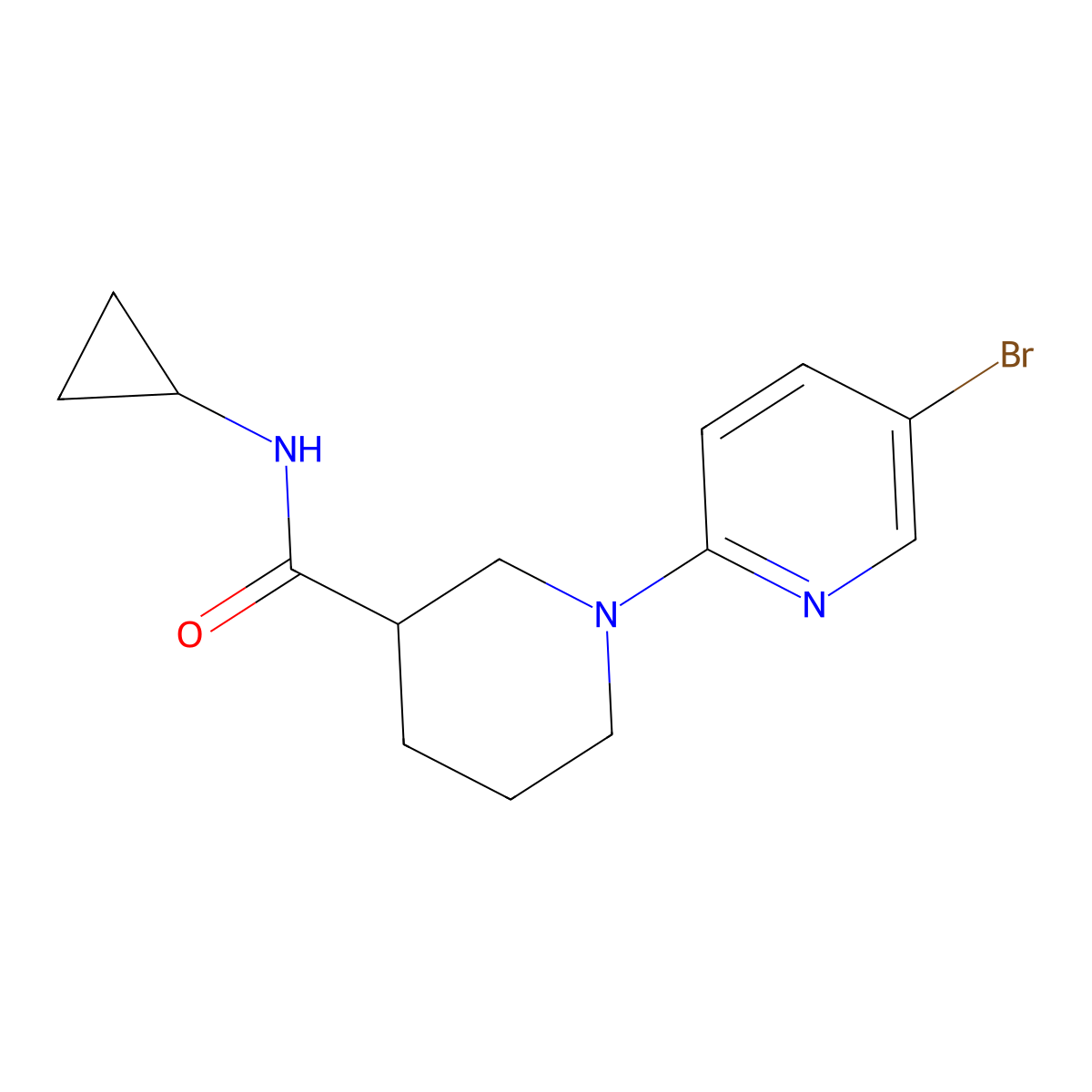 1-(5-bromopyridin-2-yl)-N-cyclopropylpiperidine-3-carboxamide molecular structure, CAS 2877660-09-6