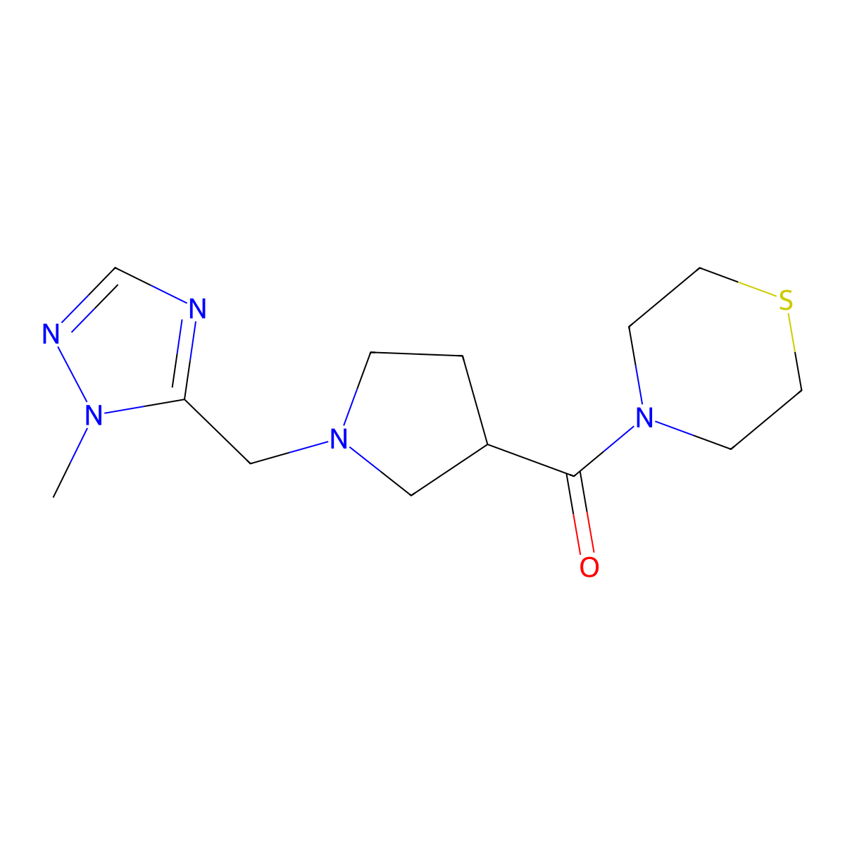 4-{1-[(1-methyl-1H-1,2,4-triazol-5-yl)methyl]pyrrolidine-3-carbonyl}thiomorpholine molecular structure, CAS 2877660-25-6
