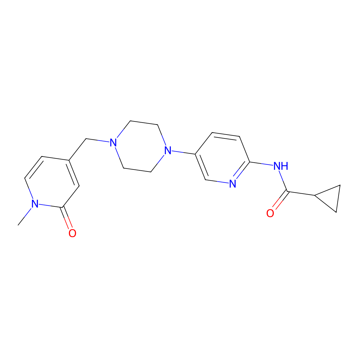 N-(5-{4-[(1-methyl-2-oxo-1,2-dihydropyridin-4-yl)methyl]piperazin-1-yl}pyridin-2-yl)cyclopropanecarboxamide molecular structure, CAS 2877660-26-7
