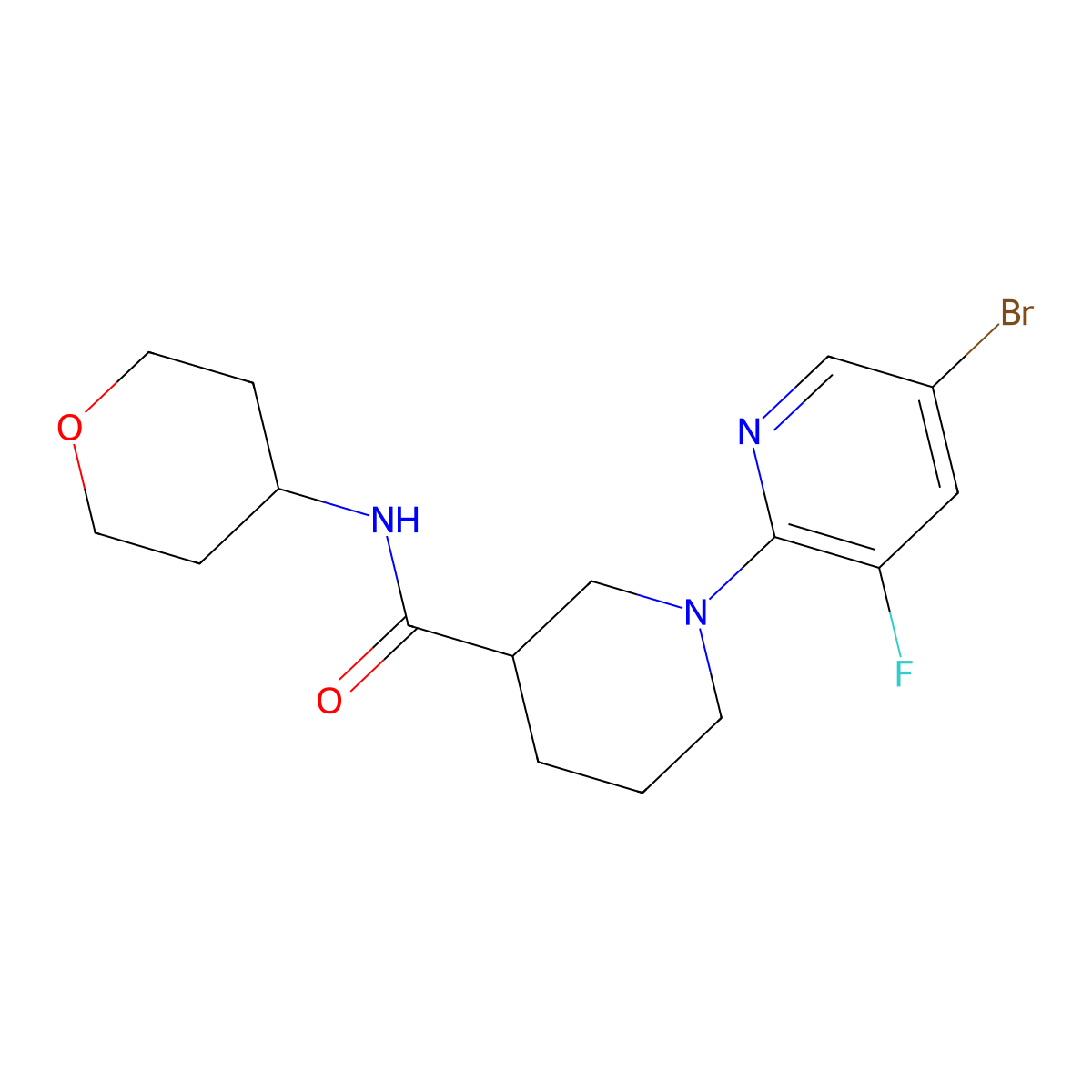 1-(5-bromo-3-fluoropyridin-2-yl)-N-(oxan-4-yl)piperidine-3-carboxamide molecular structure, CAS 2877662-97-8