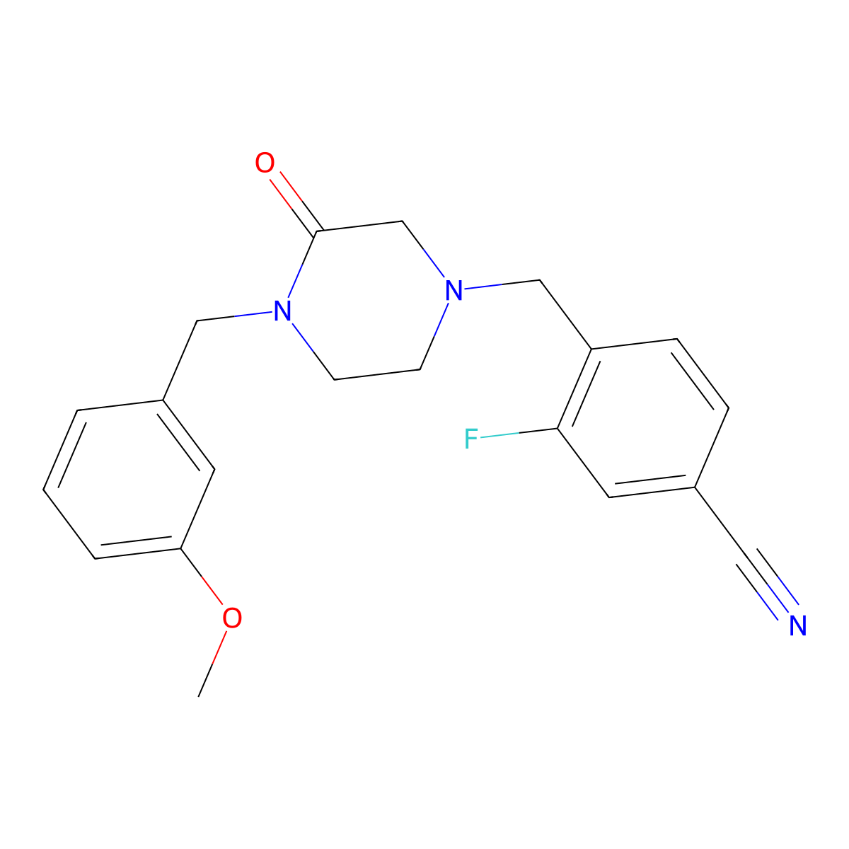 3-Fluoro-4-({4-[(3-methoxyphenyl)methyl]-3-oxopiperazin-1-yl}methyl)benzonitrile molecular structure, CAS 2877662-98-9