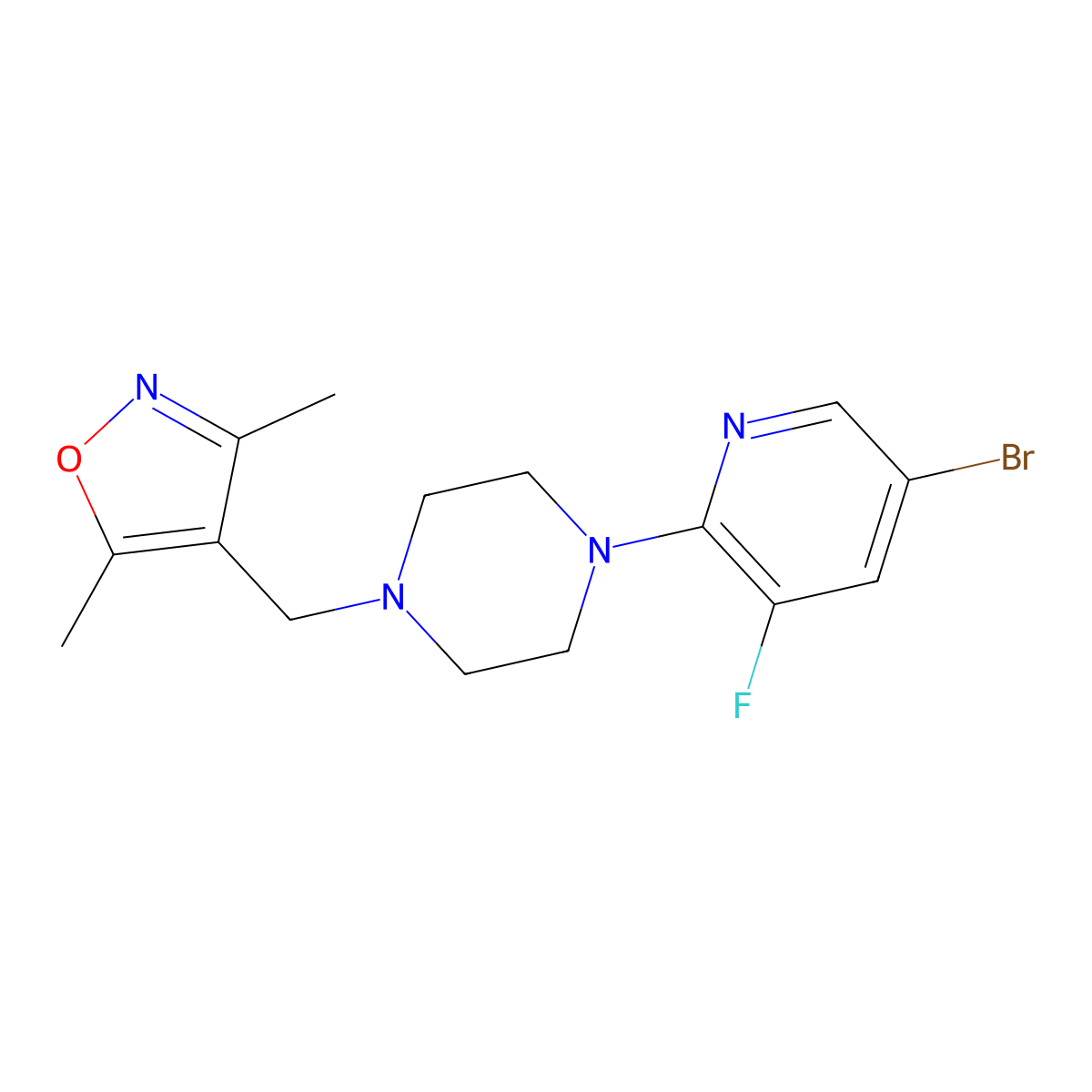 1-(5-Bromo-3-fluoropyridin-2-yl)-4-[(3,5-dimethyl-1,2-oxazol-4-yl)methyl]piperazine molecular structure, CAS 2877663-02-8