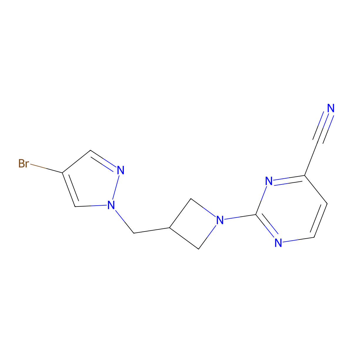 2-{3-[(4-bromo-1H-pyrazol-1-yl)methyl]azetidin-1-yl}pyrimidine-4-carbonitrile molecular structure, CAS 2877663-04-0