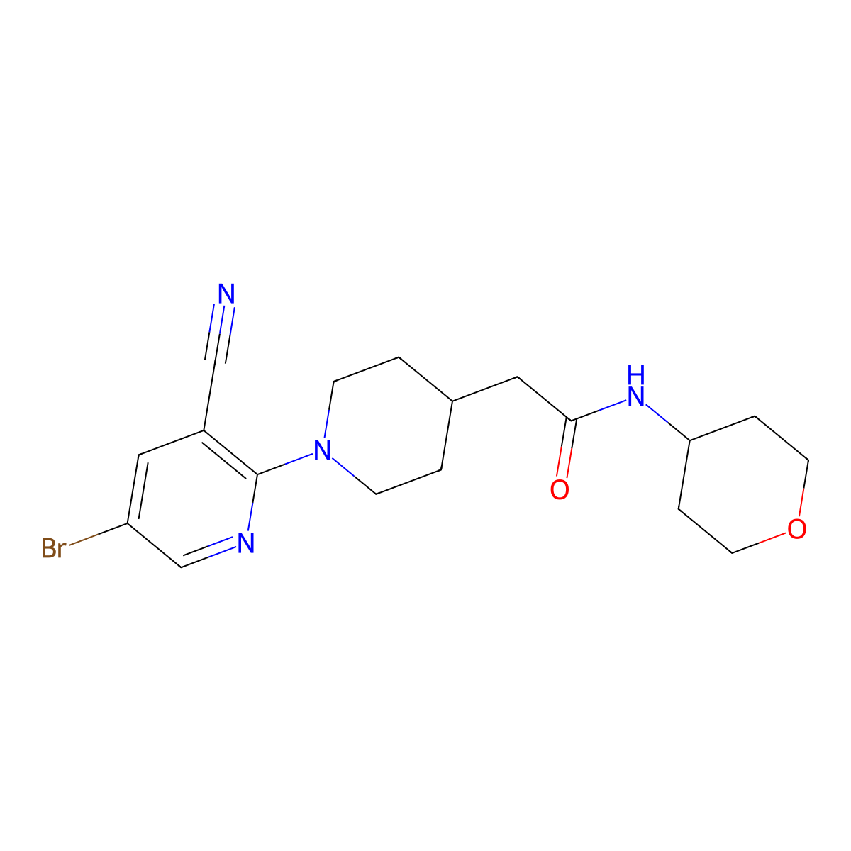 2-[1-(5-bromo-3-cyanopyridin-2-yl)piperidin-4-yl]-N-(oxan-4-yl)acetamide molecular structure, CAS 2877663-06-2