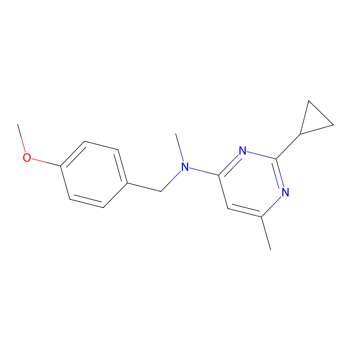 2-cyclopropyl-N-[(4-methoxyphenyl)methyl]-N,6-dimethylpyrimidin-4-amine molecular structure, CAS 2877663-08-4
