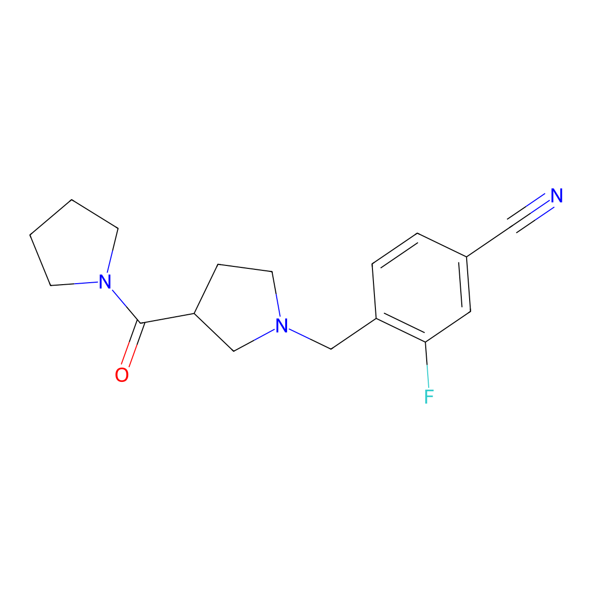 3-Fluoro-4-{[3-(pyrrolidine-1-carbonyl)pyrrolidin-1-yl]methyl}benzonitrile molecular structure, CAS 2877663-27-7