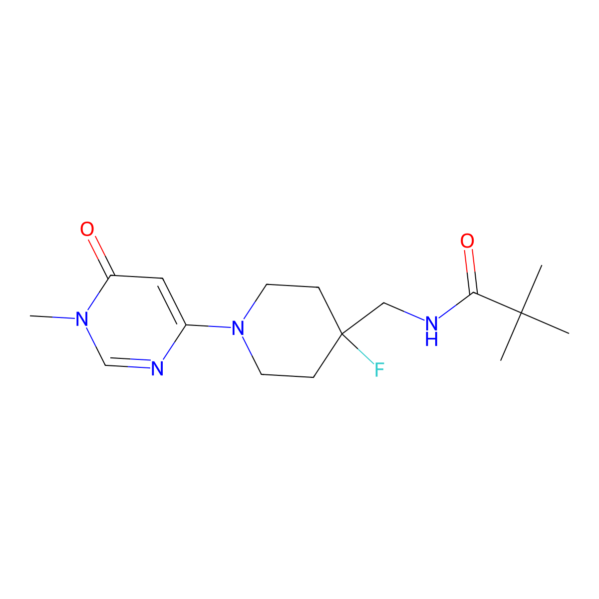 N-{[4-fluoro-1-(1-methyl-6-oxo-1,6-dihydropyrimidin-4-yl)piperidin-4-yl]methyl}-2,2-dimethylpropanamide molecular structure, CAS 2877663-28-8