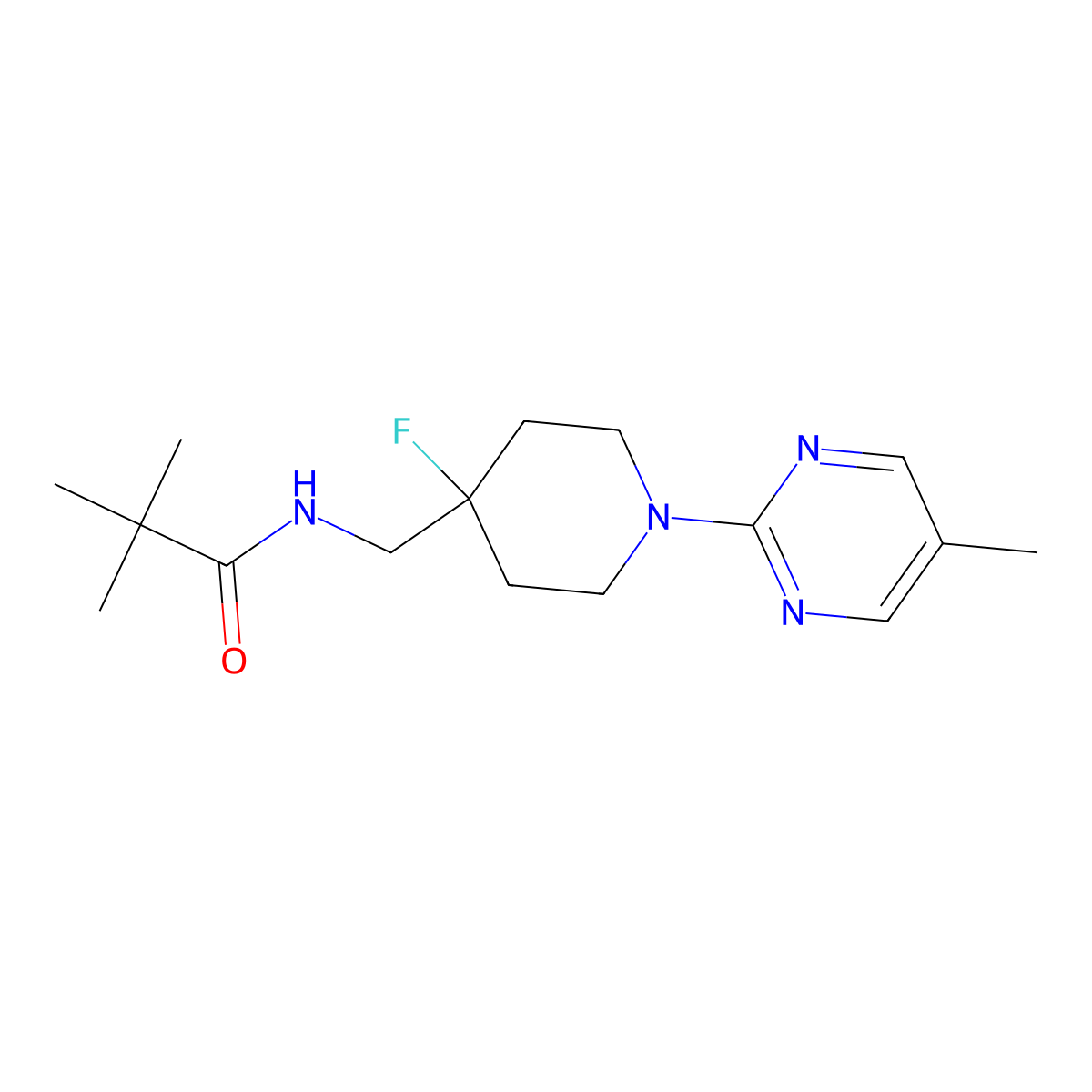 N-{[4-fluoro-1-(5-methylpyrimidin-2-yl)piperidin-4-yl]methyl}-2,2-dimethylpropanamide molecular structure, CAS 2877663-30-2