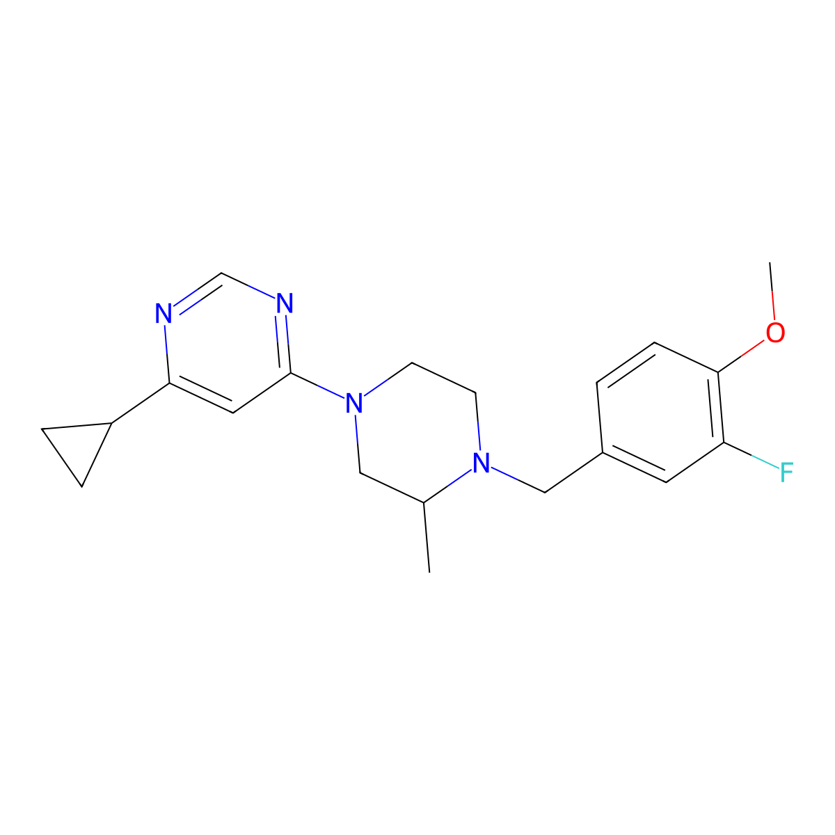 4-Cyclopropyl-6-{4-[(3-fluoro-4-methoxyphenyl)methyl]-3-methylpiperazin-1-yl}pyrimidine molecular structure, CAS 2877663-32-4