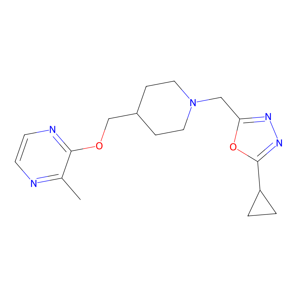 2-({1-[(5-Cyclopropyl-1,3,4-oxadiazol-2-yl)methyl]piperidin-4-yl}methoxy)-3-methylpyrazine molecular structure, CAS 2877663-36-8