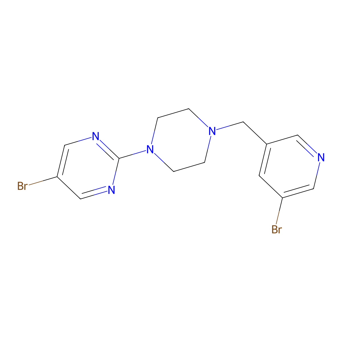 5-Bromo-2-{4-[(5-bromopyridin-3-yl)methyl]piperazin-1-yl}pyrimidine molecular structure, CAS 2877663-39-1