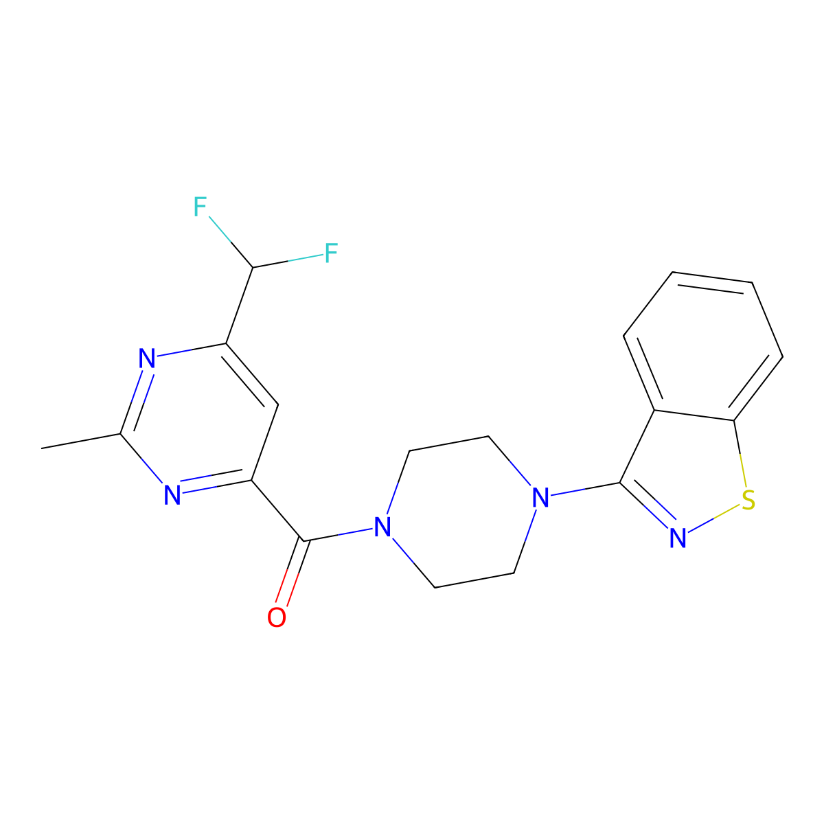 3-{4-[6-(Difluoromethyl)-2-methylpyrimidine-4-carbonyl]piperazin-1-yl}-1,2-benzothiazole molecular structure, CAS 2877663-41-5