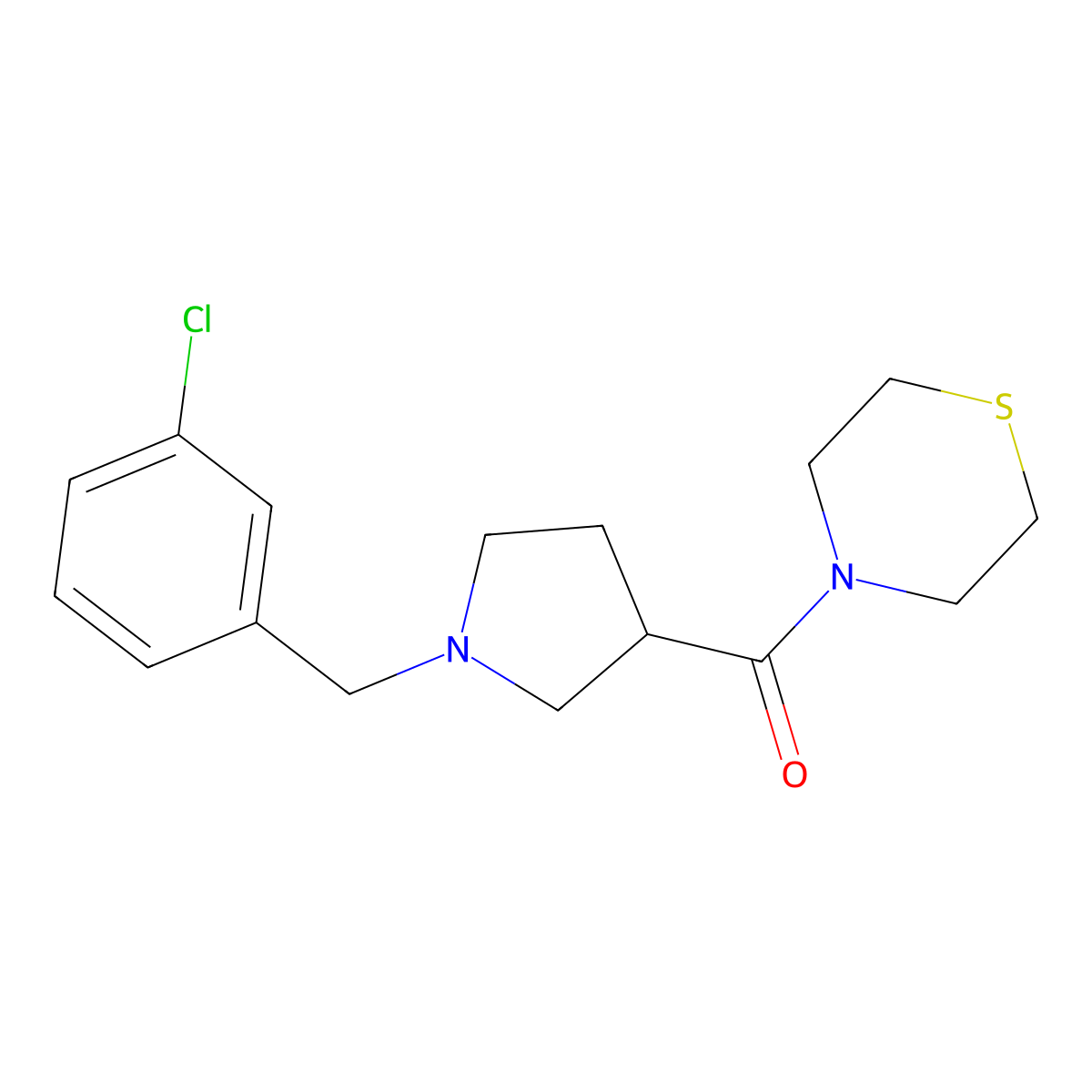 4-{1-[(3-Chlorophenyl)methyl]pyrrolidine-3-carbonyl}thiomorpholine molecular structure, CAS 2877663-42-6