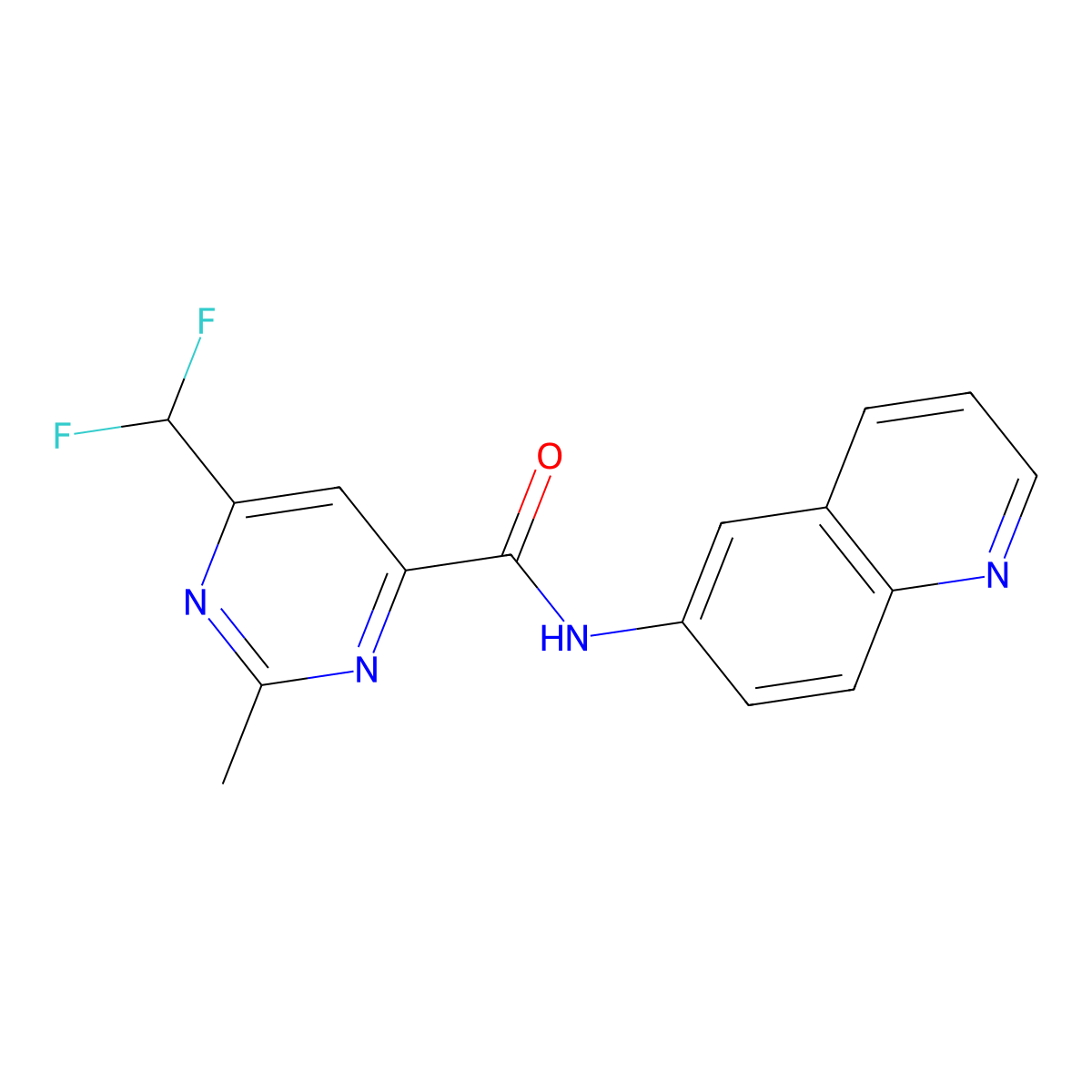 6-(difluoromethyl)-2-methyl-N-(quinolin-6-yl)pyrimidine-4-carboxamide molecular structure, CAS 2877663-45-9