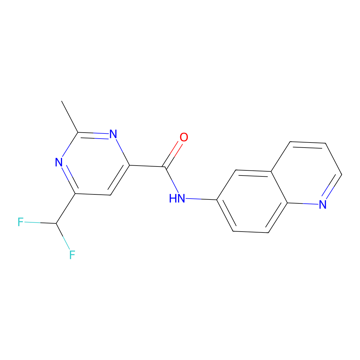 6-(difluoromethyl)-2-methyl-N-(quinolin-6-yl)pyrimidine-4-carboxamide molecular structure, CAS 2877663-45-9
