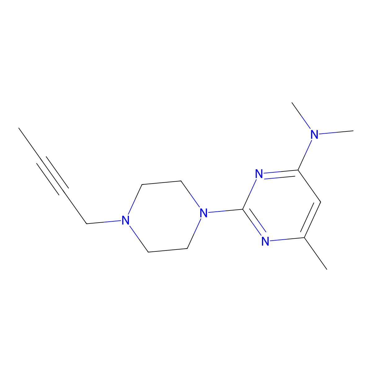 2-[4-(but-2-yn-1-yl)piperazin-1-yl]-N,N,6-trimethylpyrimidin-4-amine molecular structure, CAS 2877663-47-1